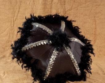 Black Second Line Umbrella with Black Feathers and Silver Sequin Trim