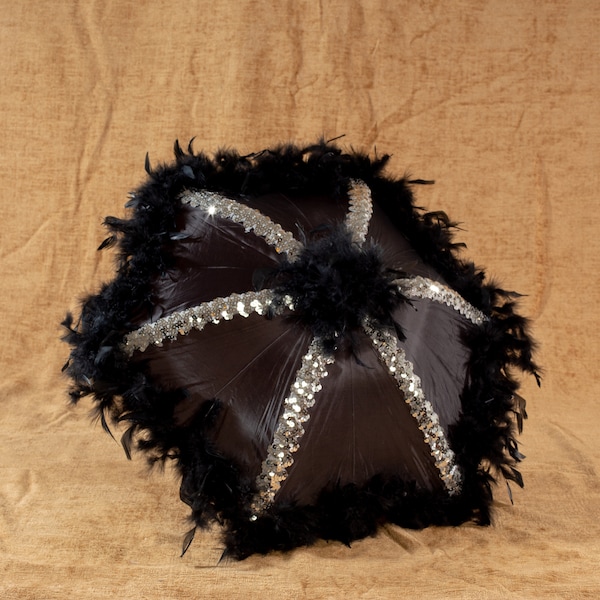 Black Second Line Umbrella with Black Feathers and Silver Sequin Trim