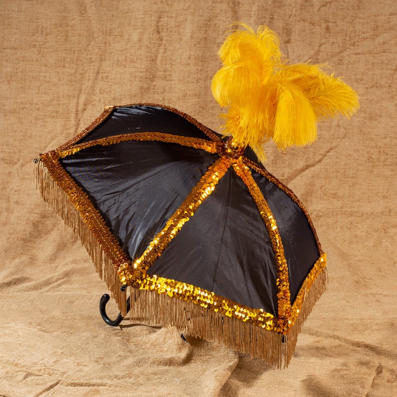 Black Second Line Umbrella with Gold Fringe Gold Sequin Trim and Tall Gold Ostrich Feathers