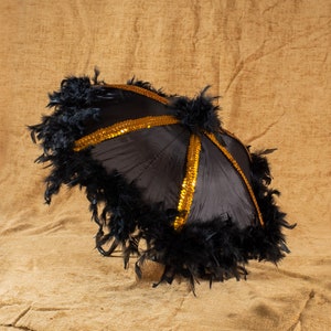 Black Second Line Umbrella with Black Feathers and Gold Sequin Trim
