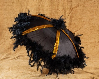 Black Second Line Umbrella with Black Feathers and Gold Sequin Trim