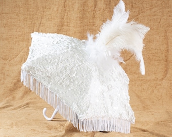 White Second Line Umbrella with White Fringe, White Sequin and Tall Ostrich Feathers