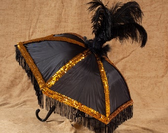 Black Second Line Umbrella with Black Fringe, Gold Sequin and Tall Ostrich Feathers