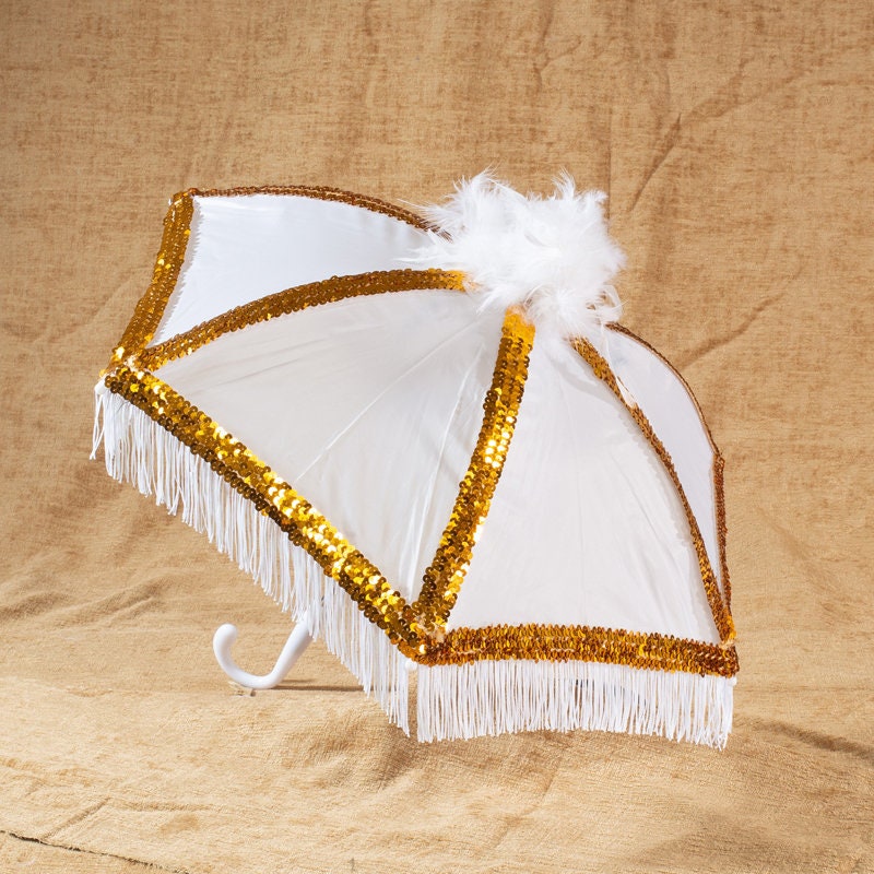 White Second Line Umbrella With White Fringe and Gold Sequin Etsy