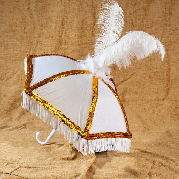 White Second Line Umbrella: Gold Sequin ribs, white fringe and tall ostrich feathers
