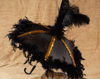 Black Second Line Umbrella with Black Feathers, Gold Sequin Trim and Tall Black Ostrich Feathers