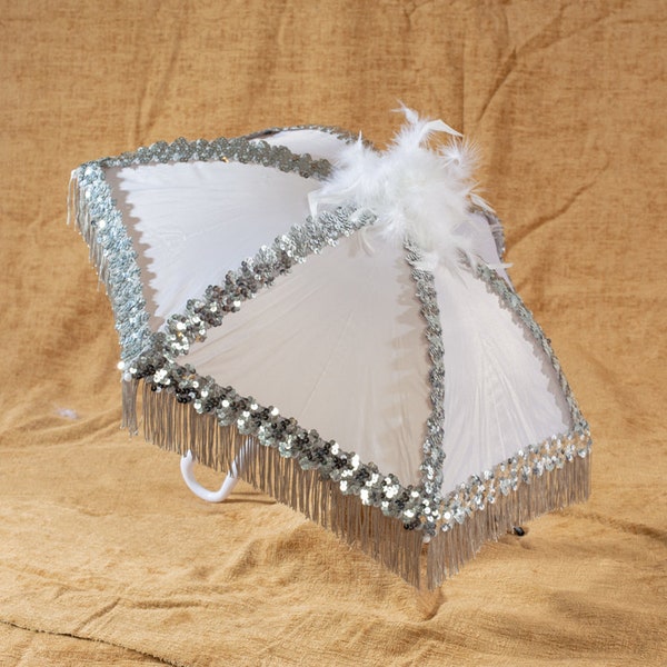 White Second Line Umbrella with Silver Fringe and Silver Sequin and White Feathers