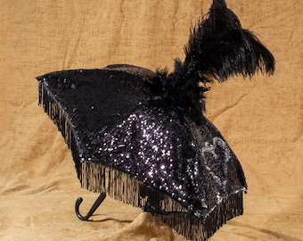 Black Second Line Umbrella with Black Fringe, Gold Sequin and Tall Ostrich Feathers