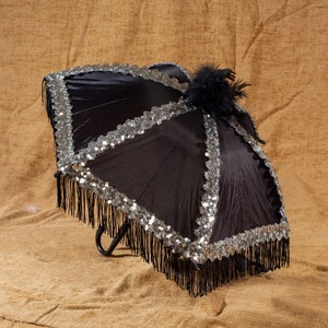 Black Second Line Umbrella with Black Fringe and Silver Sequin and Black Feathers
