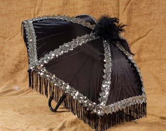 Black Second Line Umbrella with Black Fringe and Silver Sequin and Black Feathers