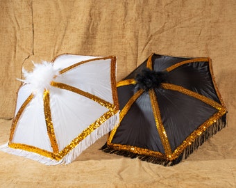 Set of Two - Second Line Umbrellas with Fringe, Gold Sequin Trim and Boa Feathers