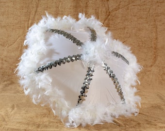 White Second Line Umbrella with White Feathers and Silver Sequin Trim