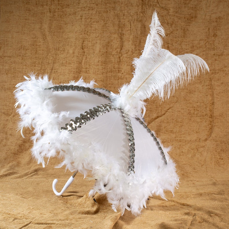 White Second Line Umbrella With White Feathers, Silver Trim and Tall