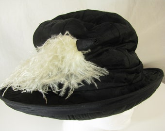Quilted Black hat with Ostrich Feathers, 22" Measurement
