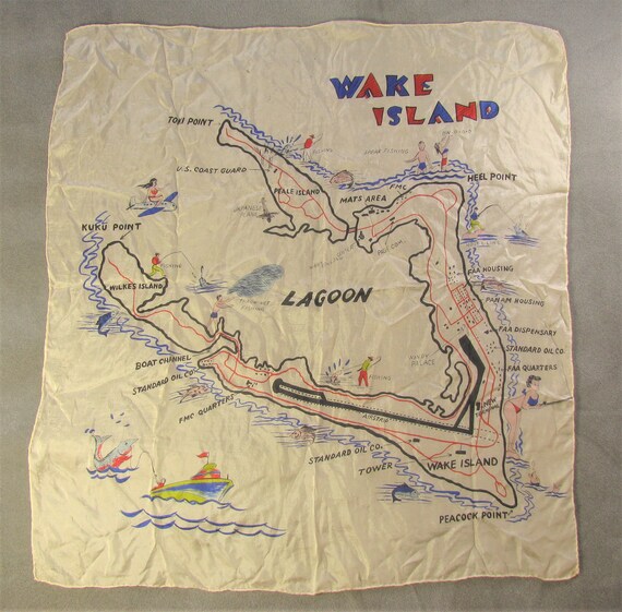 Early and Rare Wake Island Souvenir Map Silk Scarf