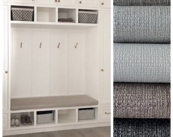 Chill performance fabric bench cushions. Mudroom, window bench cushions in fibreguard stain resistant eco-friendly basket weave fabric.