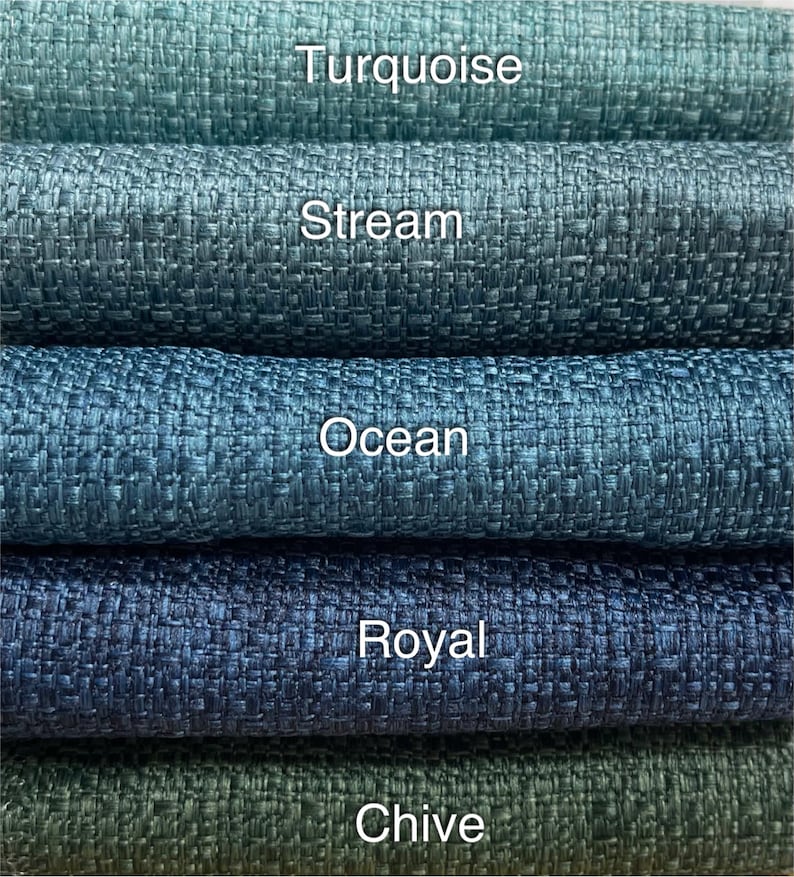 May include: Five fabric swatches in different shades of blue and green. The swatches are labeled "Turquoise", "Stream", "Ocean", "Royal", and "Chive".