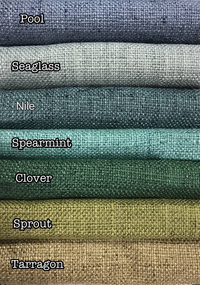 May include: Seven fabric swatches in different shades of green and blue. The swatches are labeled from top to bottom: Pool, Seaglass, Nile, Spearmint, Clover, Sprout, and Tarragon.