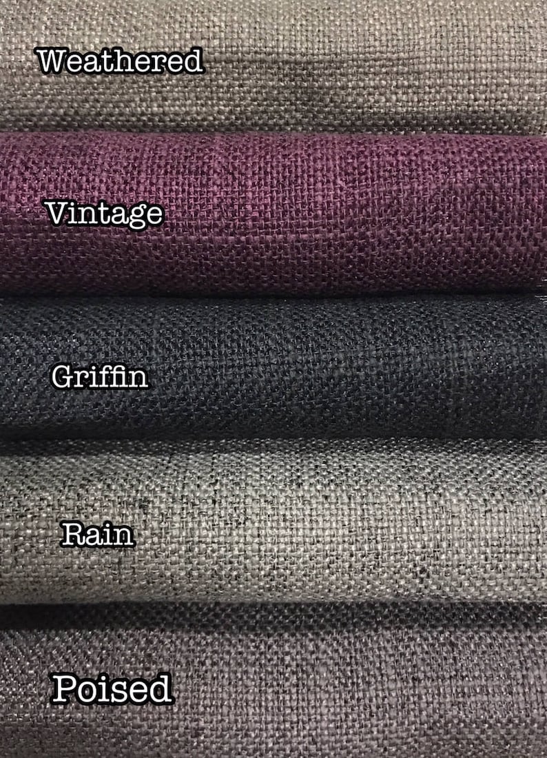 May include: Five fabric swatches in different colors and textures. The swatches are labeled "Weathered", "Vintage", "Griffin", "Rain", and "Poised".
