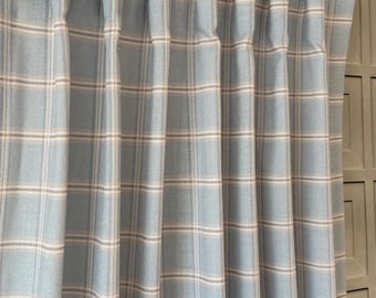 Custom Light Blue Plaid Drapes with Beige Windowpane – Designer Drapery. Made in Canada