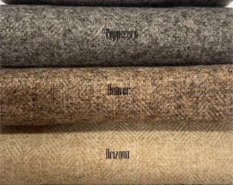 May include: Five different fabric swatches in a herringbone pattern. The swatches are stacked on top of each other. The swatches are labeled from top to bottom: Chrome, Peppercorn, Beaver, Arizona, and Granite.
