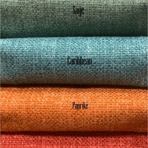 May include: Six fabric swatches in different colors, from top to bottom: Avocado, Sage, Caribbean, Paprika, Carnation, Cranberry.
