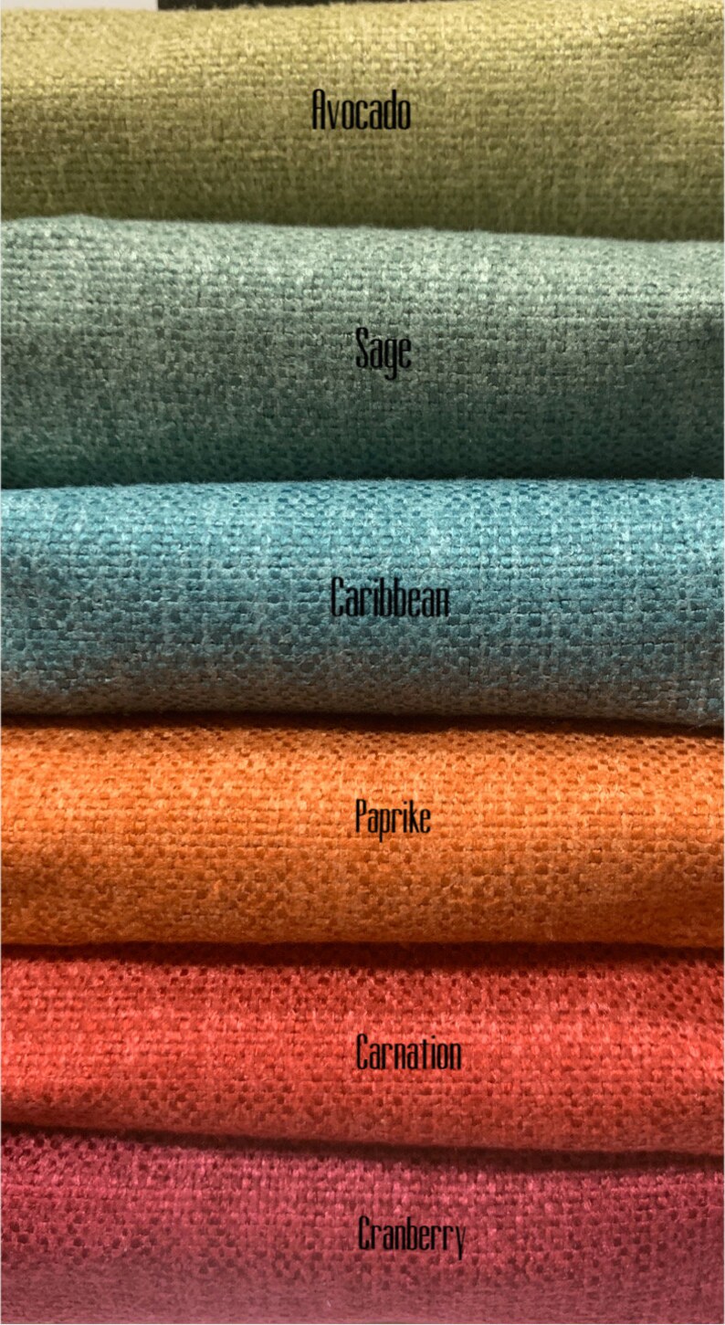 May include: Six fabric swatches in different colors, from top to bottom: Avocado, Sage, Caribbean, Paprika, Carnation, Cranberry.