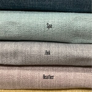 May include: Five fabric swatches in different colors and textures. The swatches are labeled "Jean", "Spa", "Zink", "Heather", and "Honey".