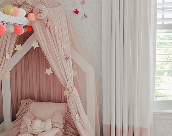 Zephyr- Color Block Linen and Pastel Pink Velvet Designer Drapery Panels. Color Block Curtains. Custom Made Curtains in Canada.