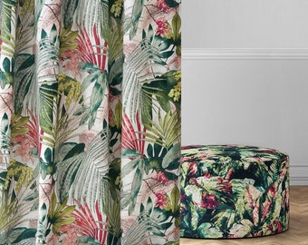 Floral Cotton Drapery Panel: Exotic Green Foliage, Custom Made