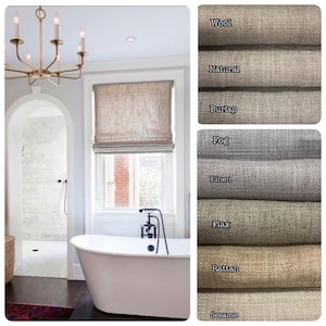 Linen Custom Roman Shades made in Canada. Flax, Burlap, Wool, Wheat and White Roman Shades. Functional Roman Shades with Chain Mechanism .