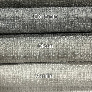 May include: Five fabric swatches in different shades of gray. The swatches are labeled from top to bottom: Coin, Concrete, Moon, Vanilla, and Polar.