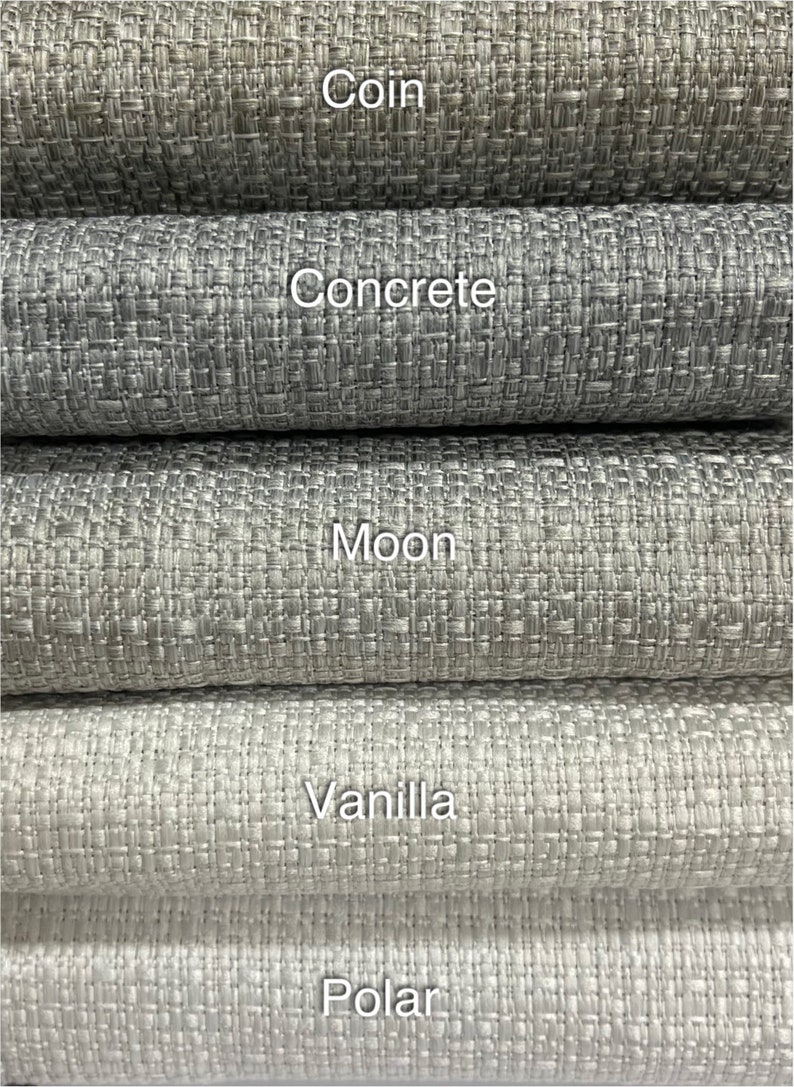 May include: Five fabric swatches in different shades of gray. The swatches are labeled from top to bottom: Coin, Concrete, Moon, Vanilla, and Polar.