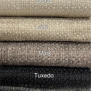 May include: Five fabric swatches in different colors and textures. The swatches are labeled "Beige", "Latte", "Mink", "Tuxedo", and "Soot".