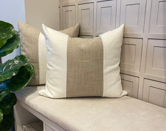 Custom linen cushion covers with color block design. Two toned linen pillows. Lined cushions. Decorative toss cushions made in Canada.