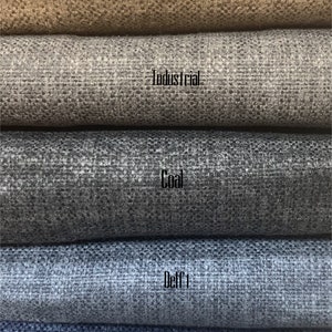 May include: Five fabric swatches in different shades of brown, gray, and blue. The swatches are labeled "Barrel", "Industrial", "Coal", "Delft", and "Indigo".