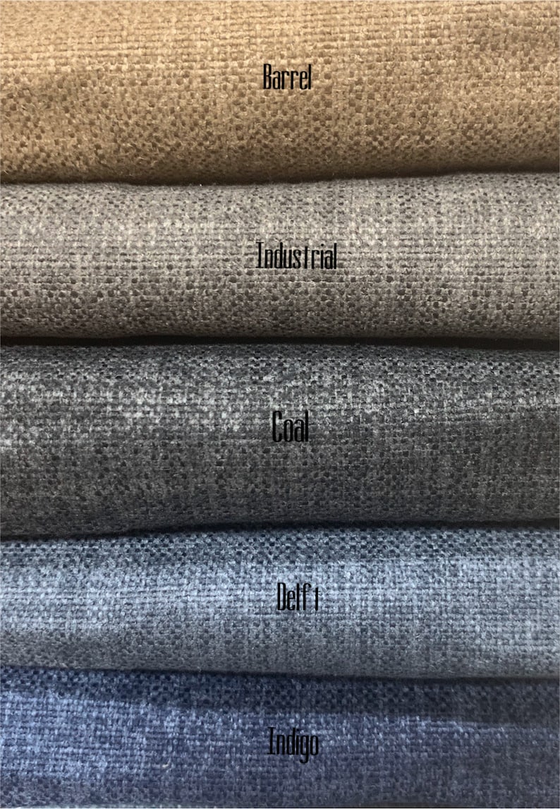May include: Five fabric swatches in different shades of brown, gray, and blue. The swatches are labeled "Barrel", "Industrial", "Coal", "Delft", and "Indigo".
