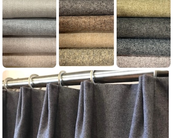 Luxury Custom Herringbone Tweed Designer blackout thermal drapery panels. French Pleat, Pinch Please wool insulated room darkening curtains.