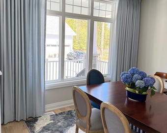 Tuscany Pure Linen Custom Pinch Pleat Drapes - Soft Ocean blue. Handcrafted 100% Linen French pleat drapery. Made in Canada.