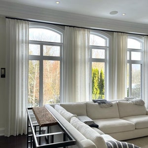 Toronto Semi Sheer Linen Designer Drapery. Faux Sheer Linen curtains. Custom Made in Canada. Pinch Pleat, French Pleat drapes..