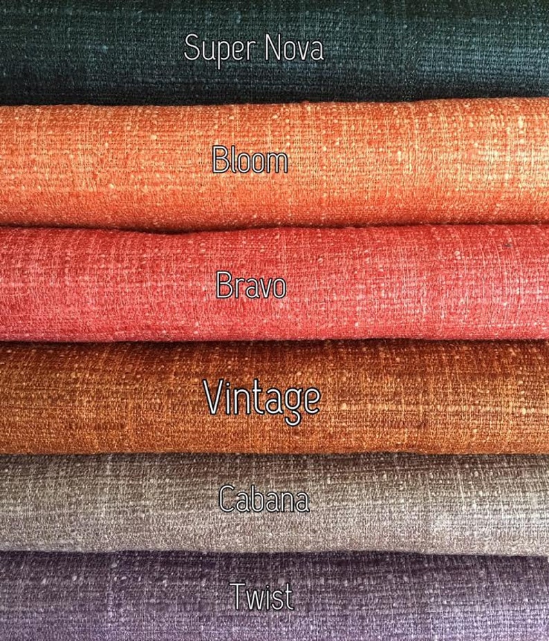 May include: Six different fabric swatches in various colors and textures. The swatches are labeled from top to bottom: Super Nova, Bloom, Bravo, Vintage, Cabana, and Twist.