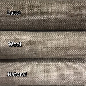 May include: Five fabric swatches in different shades of gray, from darkest to lightest: Cafe, Latte, Wool, Natural, and Burlap.