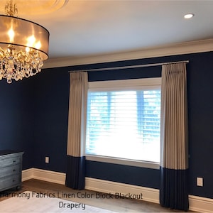 Designer Color Block Faux Linen Drapery Panels. Linenhouse Custom Drapes and Curtains made in Canada. Navy, Turquoise, Pink Blush Curtains