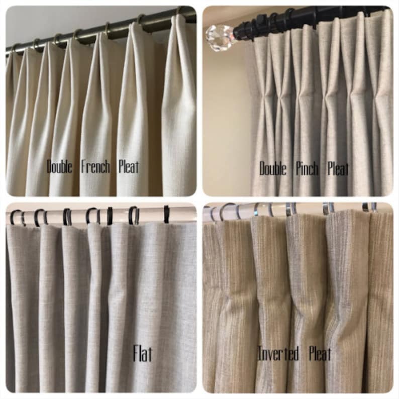 May include: Four different types of pleats for curtains are shown: Double French Pleat, Double Pinch Pleat, Flat, and Inverted Pleat. The curtains are all a light beige color.