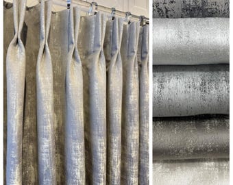 Modern Luxury Metallic Cotton Drapery panels. Manhattan Pinch/French pleat Textured Shimmer Silver & Gold curtains. 16 Exclusive Colors.