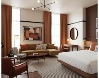 Custom Terracotta Blackout Drapes. Boutique Hotel Collection. Fire-Rated & Safety Certified.