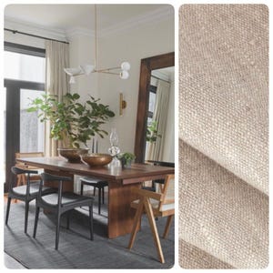 Custom Washed Linen Oatmeal drapery panels. 100% linen fabric.  Made in Canada. French Pleat, Pinch Pleat, Flat designer drapery styles.