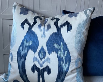 Luxury Ikat Embroidered Cushion: Blue Satin & Indigo Velvet Pillow