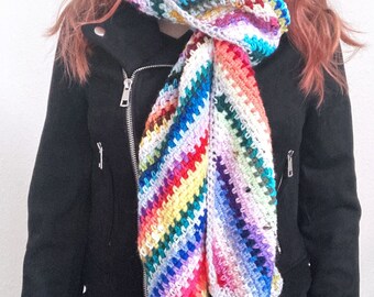 Rainbow scarf, women's stripe knitwear, handmade crochet, moss stitch, adult multicolour scarf, 2m long, ready to ship