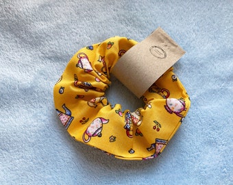 Hair scrunchy, yellow ties and elastics, cup of tea, handmade, gift for her, stocking filler